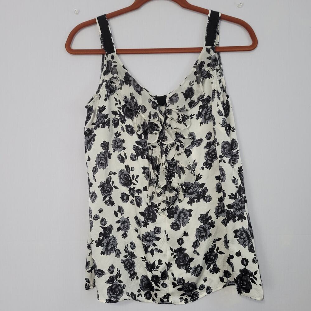 WHBM Silk Floral Sleeveless Satin Ruffle Top sz S White Black Rose Fairy Grunge